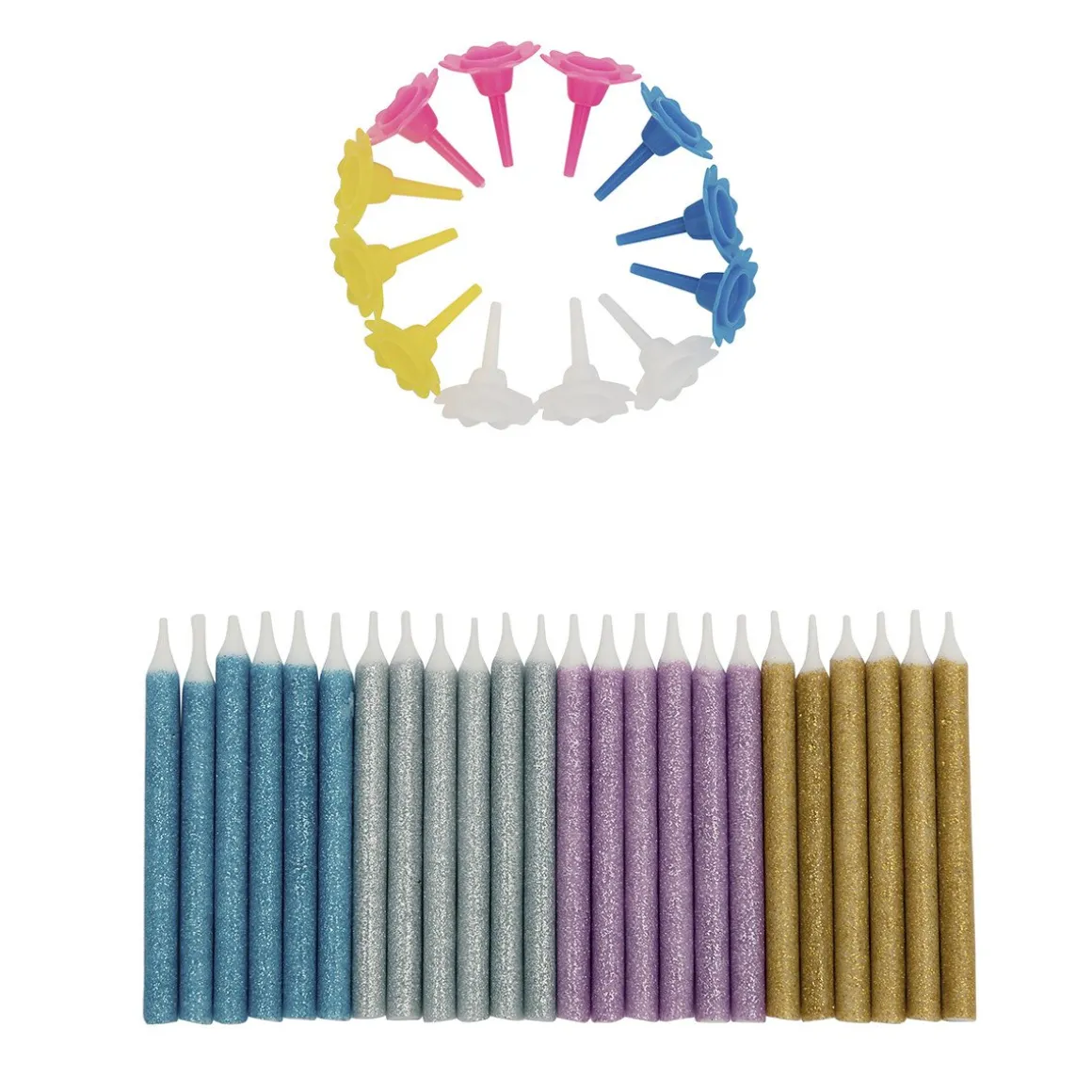 Taartkaarsjes met houders Multi Glitter 24st