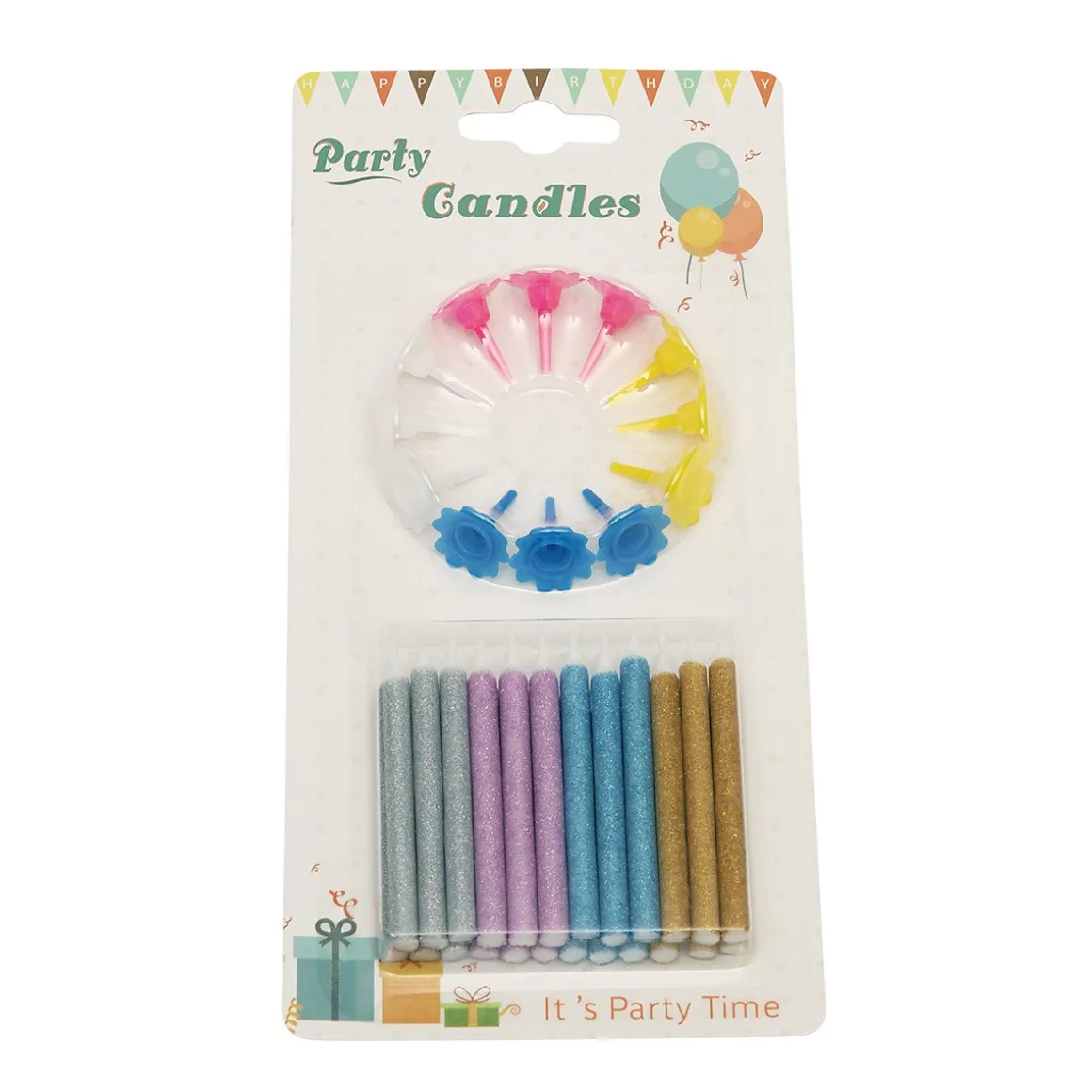 Taartkaarsjes met houders Multi Glitter 24st